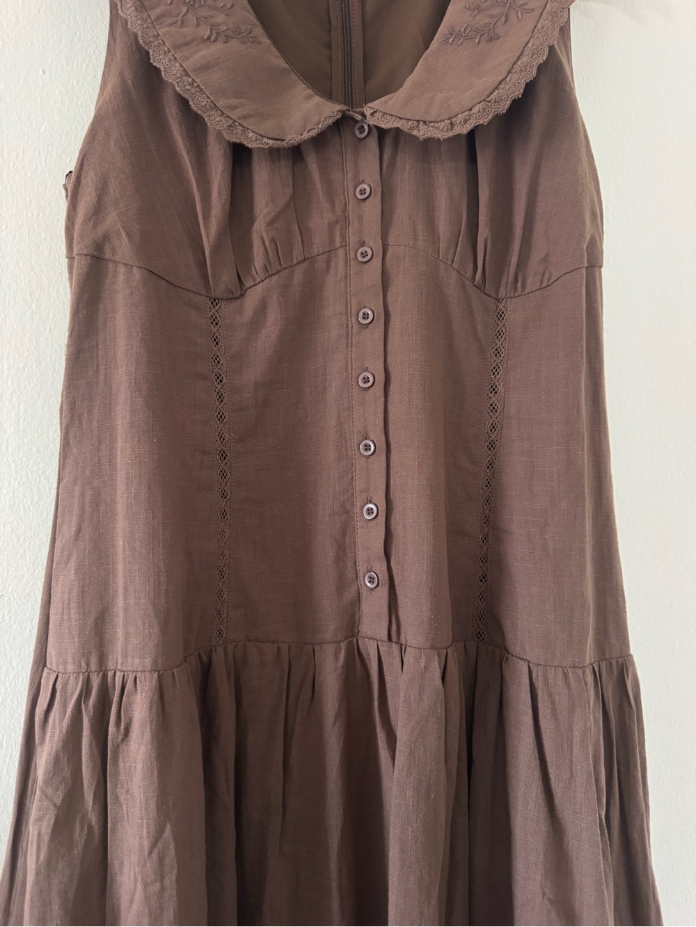 Moon River M Maxi Dress Peter Pan Collar Cottagecore Embroider Chocolate Brown - Picture 3 of 11